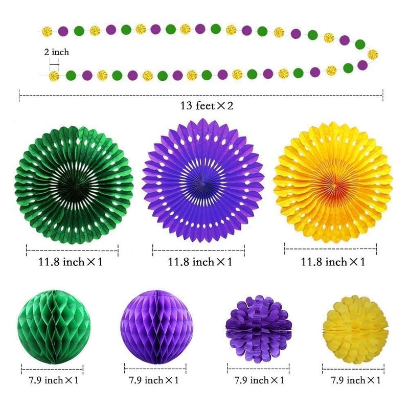 Decor365 Gold Purple Green Mardi Gras Party Decorations Glitter Circle Garlands Banner Hanging Paper Fan Tissue Pompoms Fat Tuesday Mardi Gras Birthday Bachelorette Bridal Cavinal Party Decor - Image 4